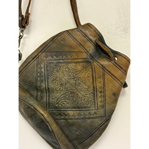 Vintage Tooled Leather Green Brown Backpack Bag - Picture 3 of 4